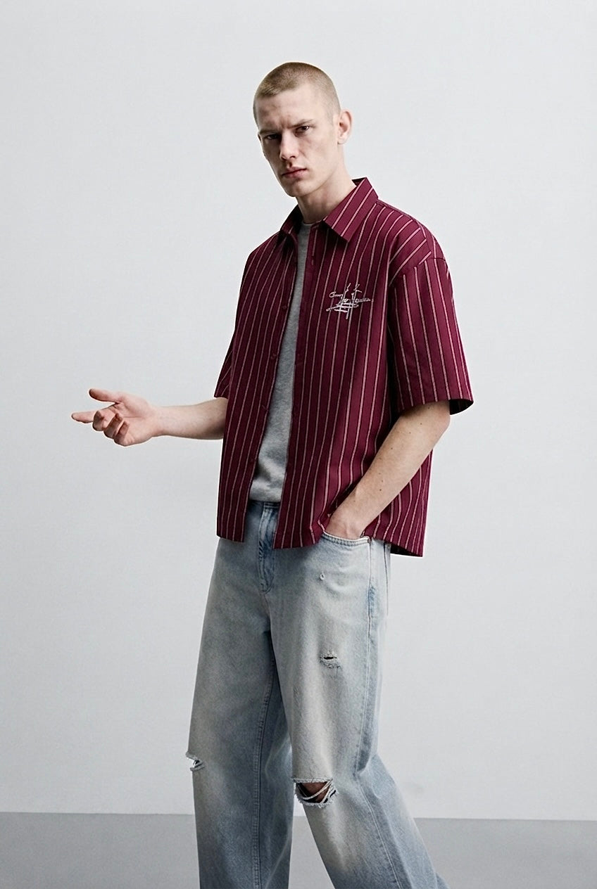 Burgundy Striped Linen boxy shirt